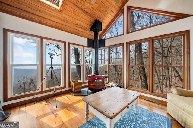 sunroom / solarium featuring a wood stove, lofted ceiling with skylight, wood ceiling, and visible vents