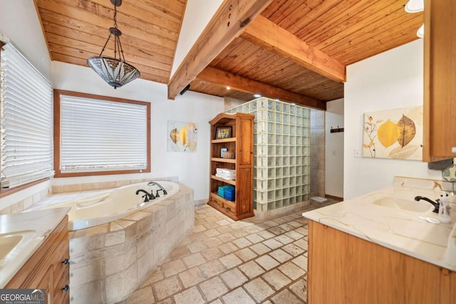 full bathroom with wood ceiling, stone tile floors, a bath, and vanity