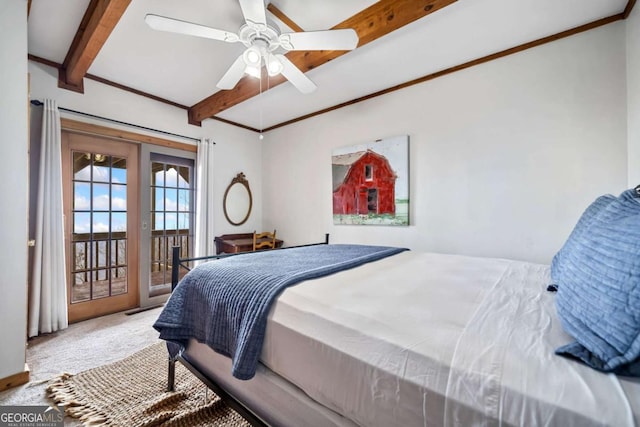 carpeted bedroom featuring access to outside, crown molding, ceiling fan, and beamed ceiling