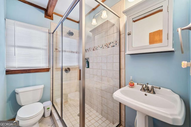 bathroom featuring a stall shower, a sink, and toilet