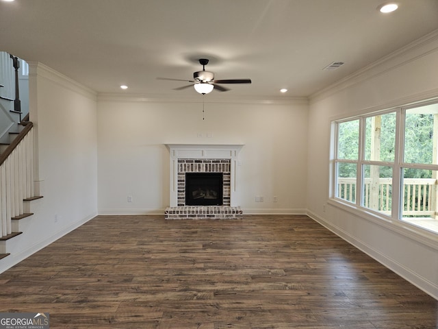 unfurnished living room featuring stairway, ceiling fan, crown molding, and recessed lighting