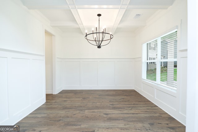 459 Banff Dr, Winder, GA 30680 - unfurnished dining area with a decorative wall, a chandelier, coffered ceiling, beam ceiling, and dark wood-style floors