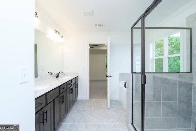 459 Banff Dr, Winder, GA 30680 - full bath featuring ornamental molding, a shower stall, a garden tub, and double vanity
