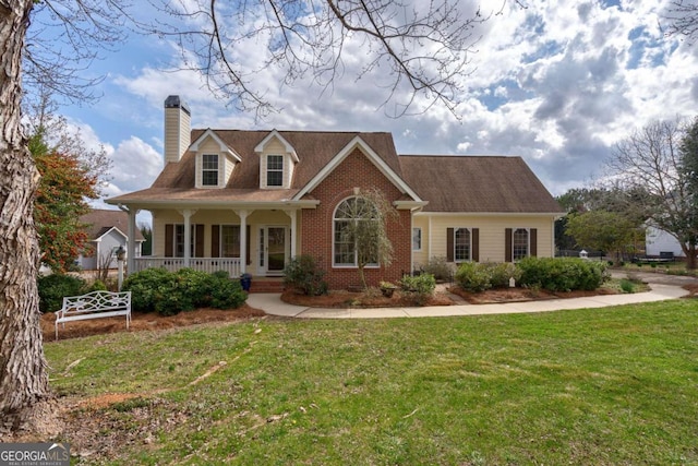 cape cod-style house with covered porch, brick siding, a front lawn, and a chimney