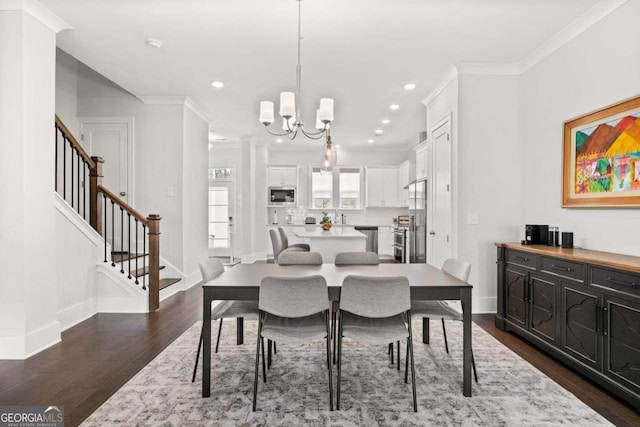 dining area featuring stairs, ornamental molding, dark wood finished floors, and baseboards