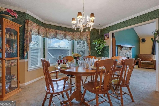 carpeted dining space with baseboards, wallpapered walls, an inviting chandelier, and crown molding