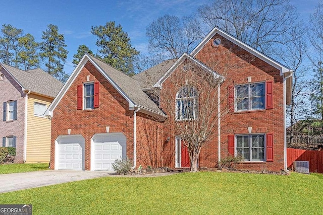 traditional home featuring an attached garage, central AC, brick siding, driveway, and a front lawn