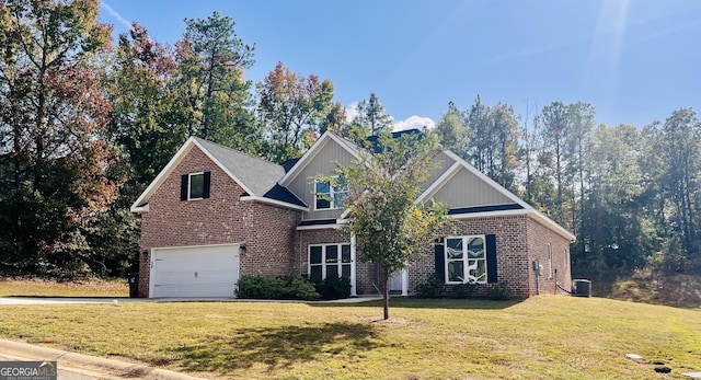 view of front of home featuring brick siding, concrete driveway, central AC unit, a front yard, and a garage