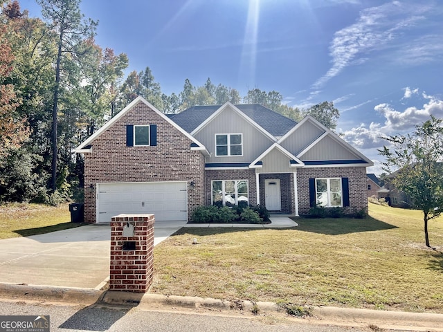 craftsman house with concrete driveway, brick siding, and a front lawn