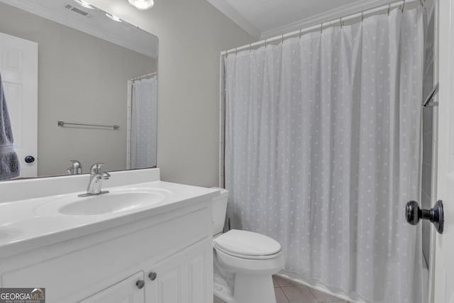 full bathroom featuring tile patterned flooring, visible vents, toilet, and ornamental molding