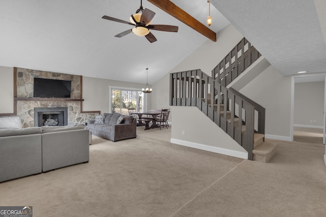 living room with carpet flooring, a fireplace, stairs, and baseboards