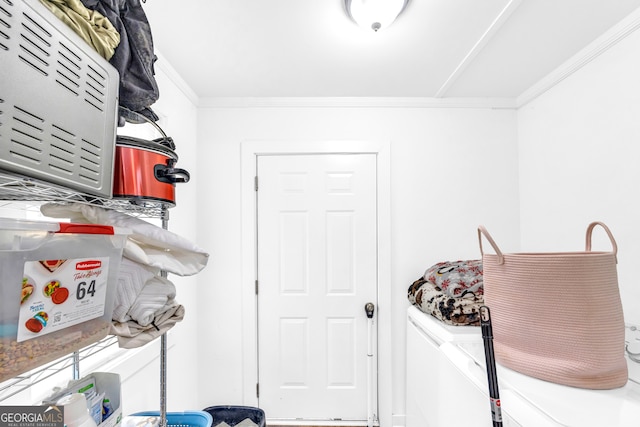 clothes washing area featuring crown molding