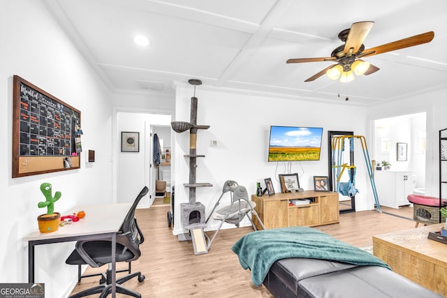 exercise room featuring a ceiling fan, light wood-type flooring, visible vents, and recessed lighting