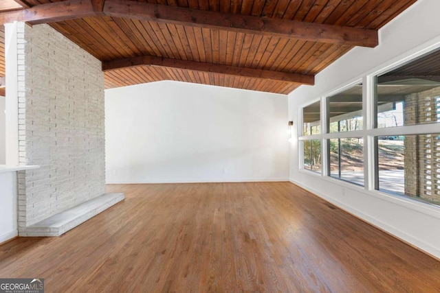 empty room with lofted ceiling with beams, wood finished floors, wood ceiling, and baseboards