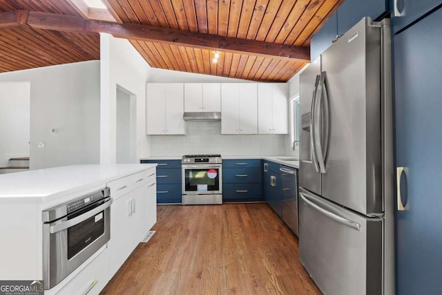 kitchen with tasteful backsplash, blue cabinets, stainless steel appliances, light countertops, and under cabinet range hood