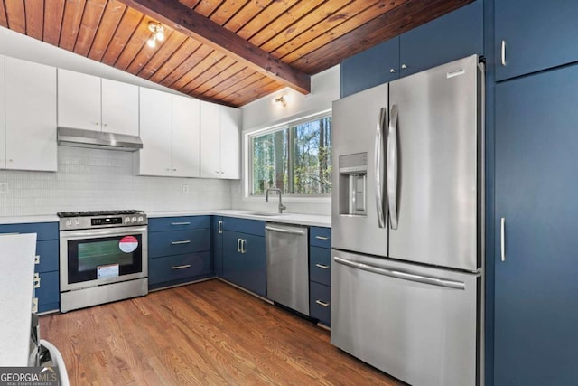 kitchen featuring tasteful backsplash, appliances with stainless steel finishes, blue cabinetry, under cabinet range hood, and a sink