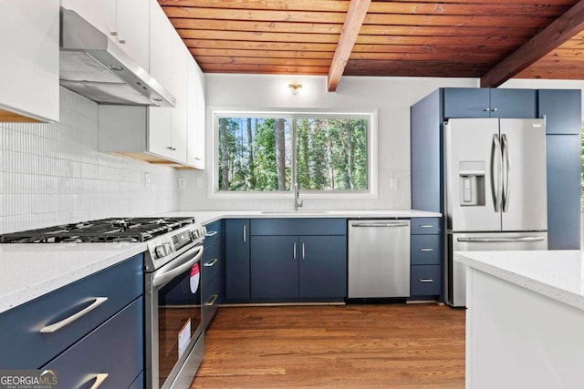 kitchen featuring appliances with stainless steel finishes, a sink, blue cabinets, wooden ceiling, and under cabinet range hood