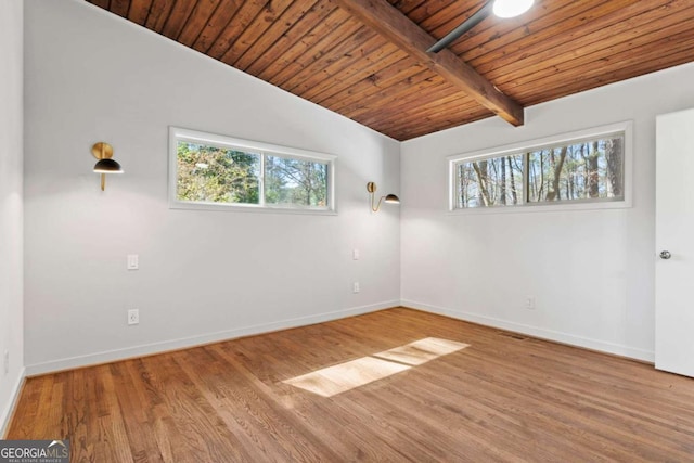 interior space featuring wooden ceiling, multiple windows, vaulted ceiling with beams, and wood finished floors