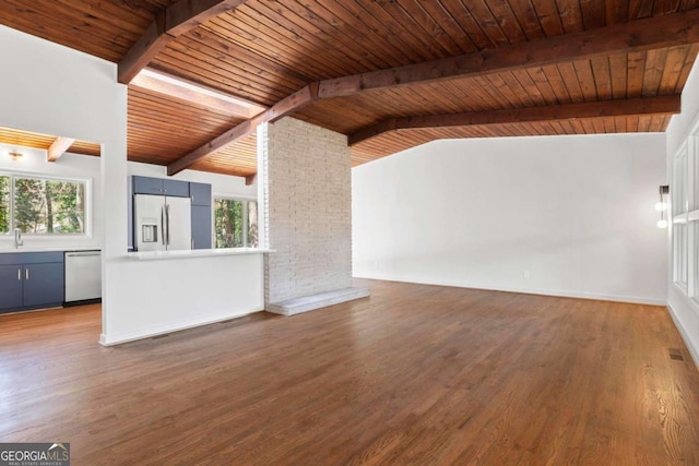 unfurnished living room featuring vaulted ceiling with beams, wooden ceiling, a sink, and wood finished floors