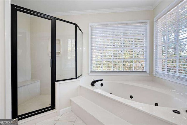 bathroom with a whirlpool tub, ornamental molding, tile patterned flooring, and a shower stall