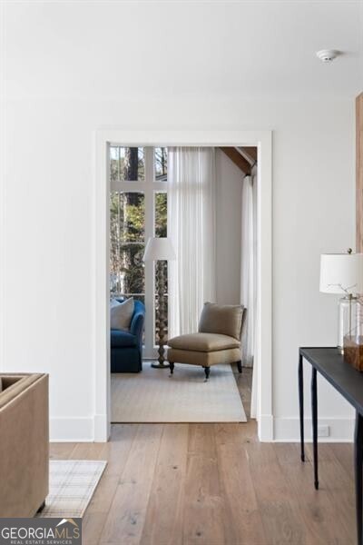 living area featuring baseboards and wood-type flooring