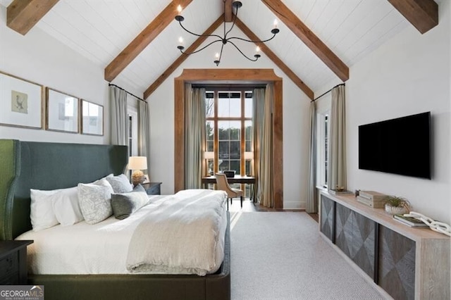 carpeted bedroom featuring lofted ceiling with beams, a notable chandelier, and access to exterior