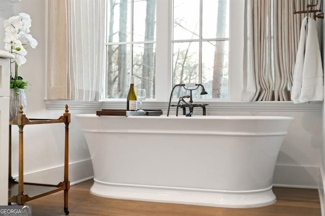 interior space featuring a freestanding tub and wood finished floors