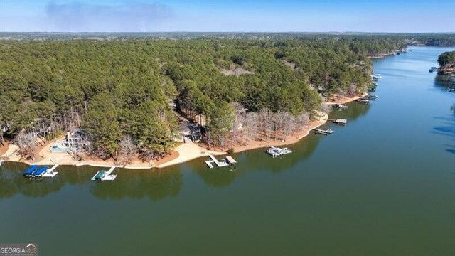 drone / aerial view featuring a water view and a wooded view