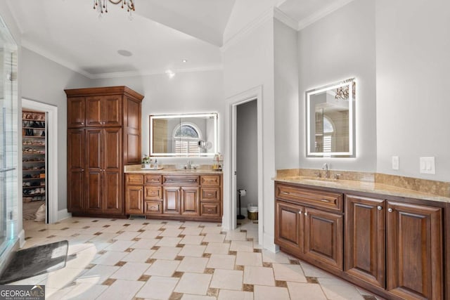 bathroom with a closet, toilet, vanity, and crown molding