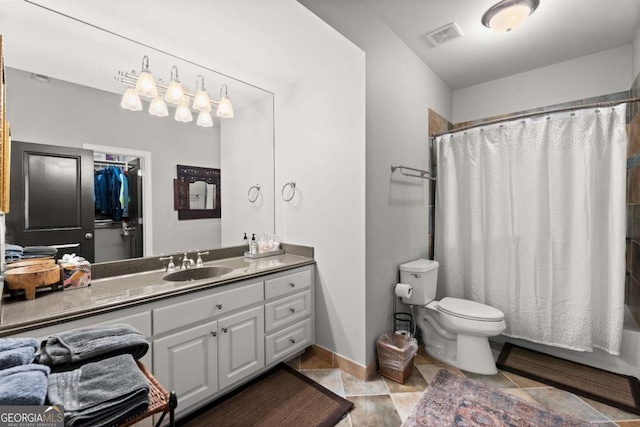 full bath featuring visible vents, toilet, tile patterned flooring, baseboards, and vanity