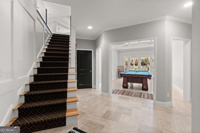 stairs with recessed lighting, pool table, baseboards, and ornamental molding