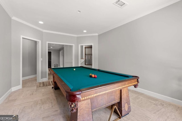 recreation room featuring visible vents, pool table, baseboards, ornamental molding, and recessed lighting