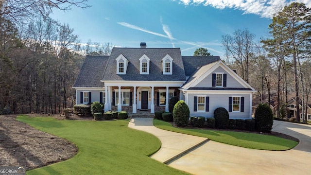 new england style home featuring a porch, a front yard, a shingled roof, and a chimney