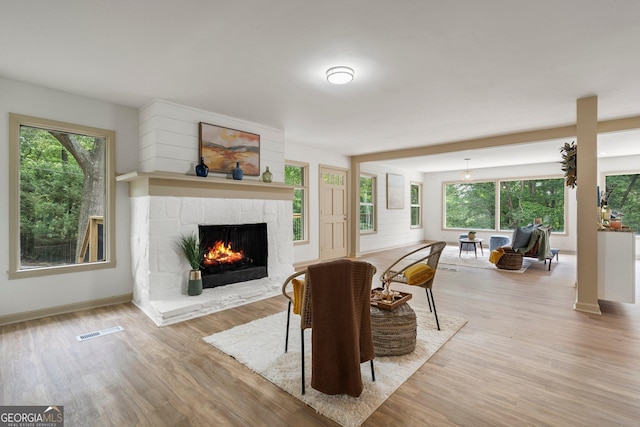 5985 Lakeside Ct, Gainesville, GA 30506 - living room with a stone fireplace, light wood-style flooring, and plenty of natural light
