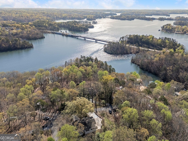 5985 Lakeside Ct, Gainesville, GA 30506 - aerial view of property and surrounding area featuring a nearby body of water, a notable bridge, and a heavily wooded area