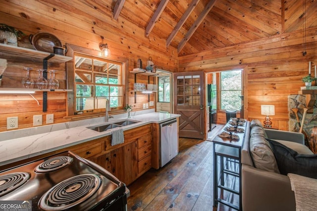 kitchen featuring vaulted ceiling with beams, electric range oven, a sink, dishwasher, and open shelves