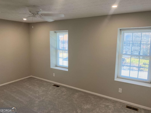 unfurnished room with carpet floors, a wealth of natural light, and visible vents