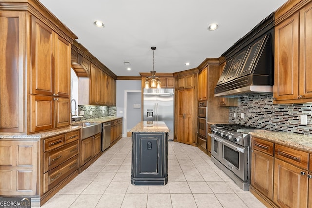 1348 Ewing Creek Dr, Dacula, GA 30019 - kitchen featuring premium appliances, backsplash, light tile patterned floors, light stone countertops, and recessed lighting