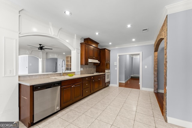 1348 Ewing Creek Dr, Dacula, GA 30019 - kitchen featuring stainless steel dishwasher, white oven, decorative backsplash, ceiling fan, and black electric stovetop