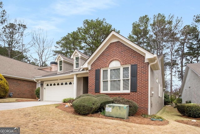 view of front facade featuring a garage, concrete driveway, brick siding, and a front lawn