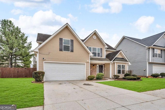 view of front of house with a garage, concrete driveway, a front lawn, and fence