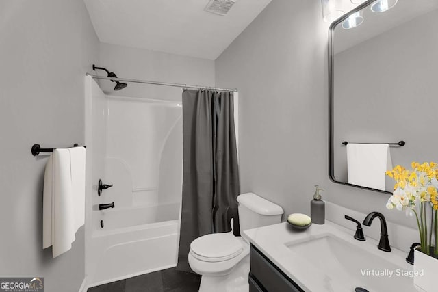 bathroom with shower / bathtub combination with curtain, visible vents, vanity, and toilet