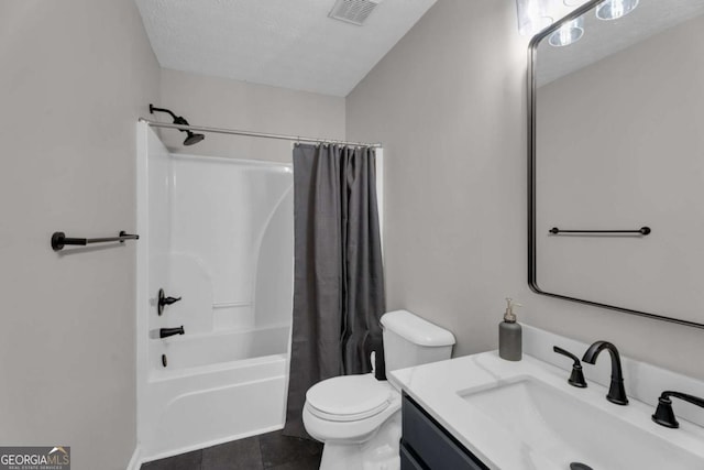 full bath with visible vents, shower / bathtub combination with curtain, toilet, vanity, and a textured ceiling