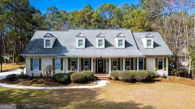 new england style home with covered porch, a front lawn, and stucco siding