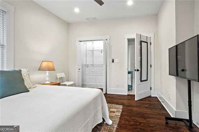 bedroom with visible vents, baseboards, a ceiling fan, wood finished floors, and recessed lighting