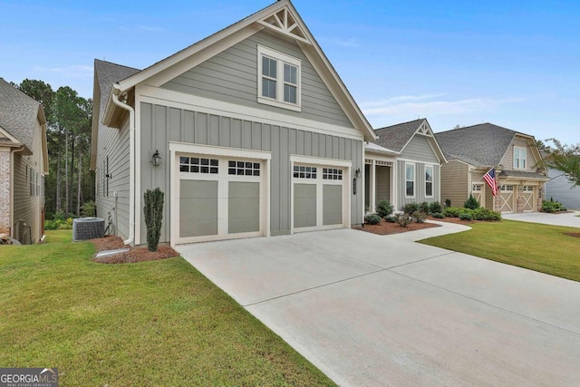 view of front of house with central AC unit, board and batten siding, a front yard, a garage, and driveway