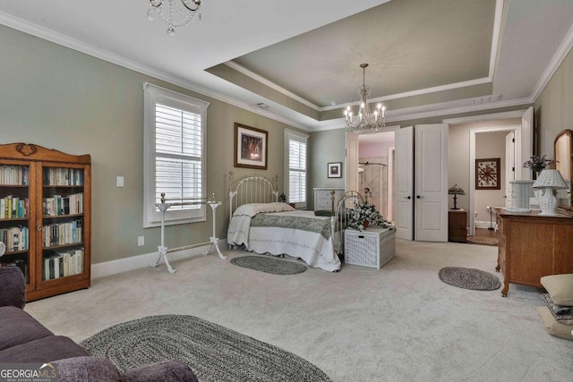 carpeted bedroom with crown molding, a raised ceiling, visible vents, a chandelier, and baseboards