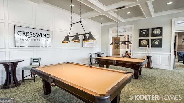 recreation room with a decorative wall, coffered ceiling, billiards, carpet flooring, and beam ceiling