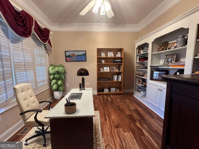 office space with ornamental molding, dark wood-style flooring, visible vents, and ceiling fan