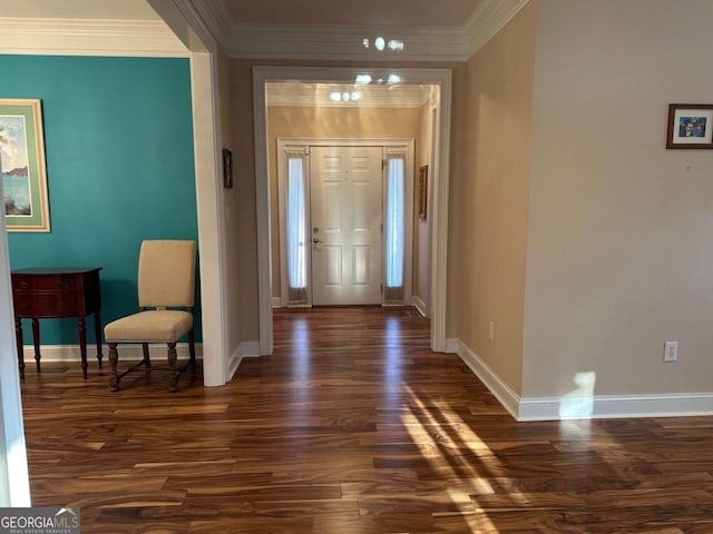 entryway featuring baseboards, dark wood-style flooring, and crown molding